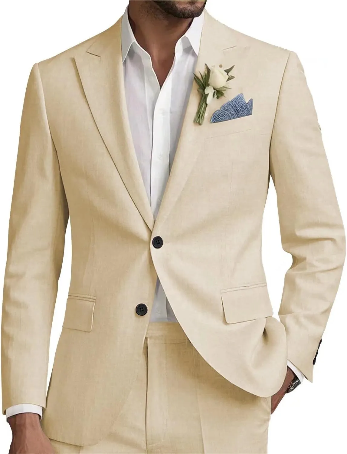 Men Linen Suits Set 2 Piece Linen Beach Wedding Suit Slim Fit Two Button Casual Lightweight Blazer Jacket