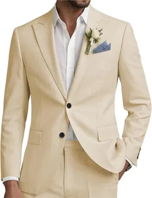 Men Linen Suits Set 2 Piece Linen Beach Wedding Suit Slim Fit Two Button Casual Lightweight Blazer Jacket