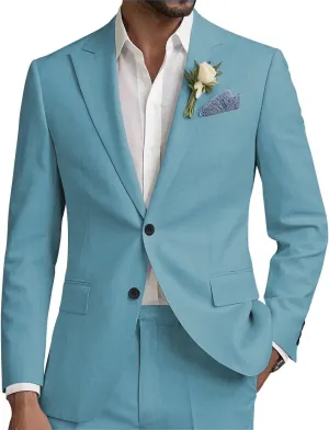 Men Linen Suits Set 2 Piece Linen Beach Wedding Suit Slim Fit Two Button Casual Lightweight Blazer Jacket