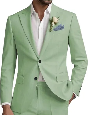 Men Linen Suits Set 2 Piece Linen Beach Wedding Suit Slim Fit Two Button Casual Lightweight Blazer Jacket