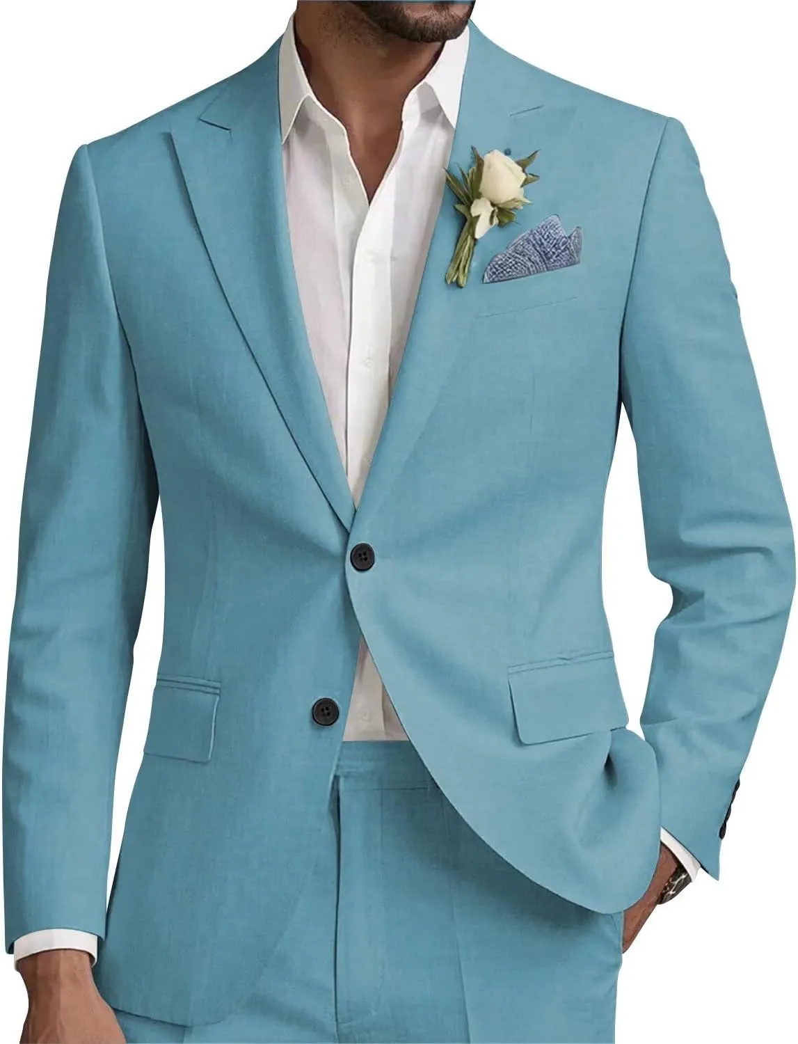 Men Linen Suits Set 2 Piece Linen Beach Wedding Suit Slim Fit Two Button Casual Lightweight Blazer Jacket