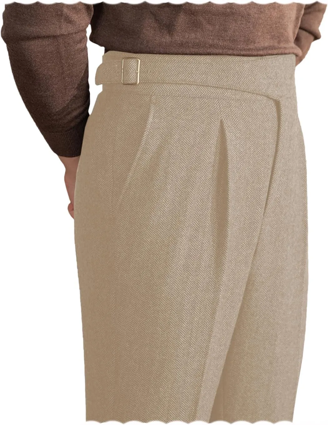 Men Trousers Vintage Tweed Blend Pants Herringbone Slim Fit Pleat-Front Pant