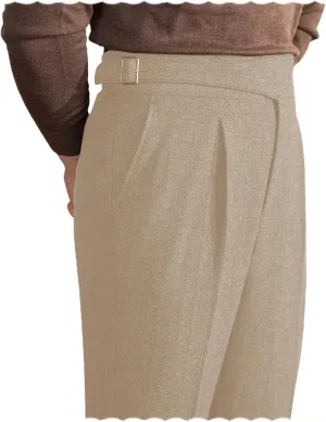 Men Trousers Vintage Tweed Blend Pants Herringbone Slim Fit Pleat-Front Pant