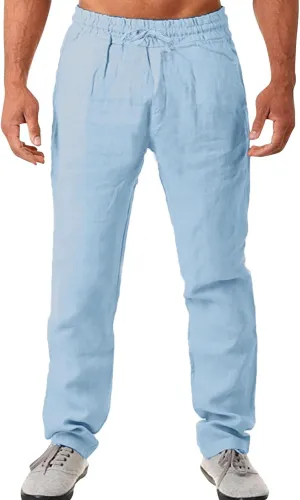 Mens Casual Linen Pants Elastic Waist Drawstring Trousers Athletic Gym Sweatpants Hiking Hunting Work Pant Skinny Chinos Mens Activewear Leggings