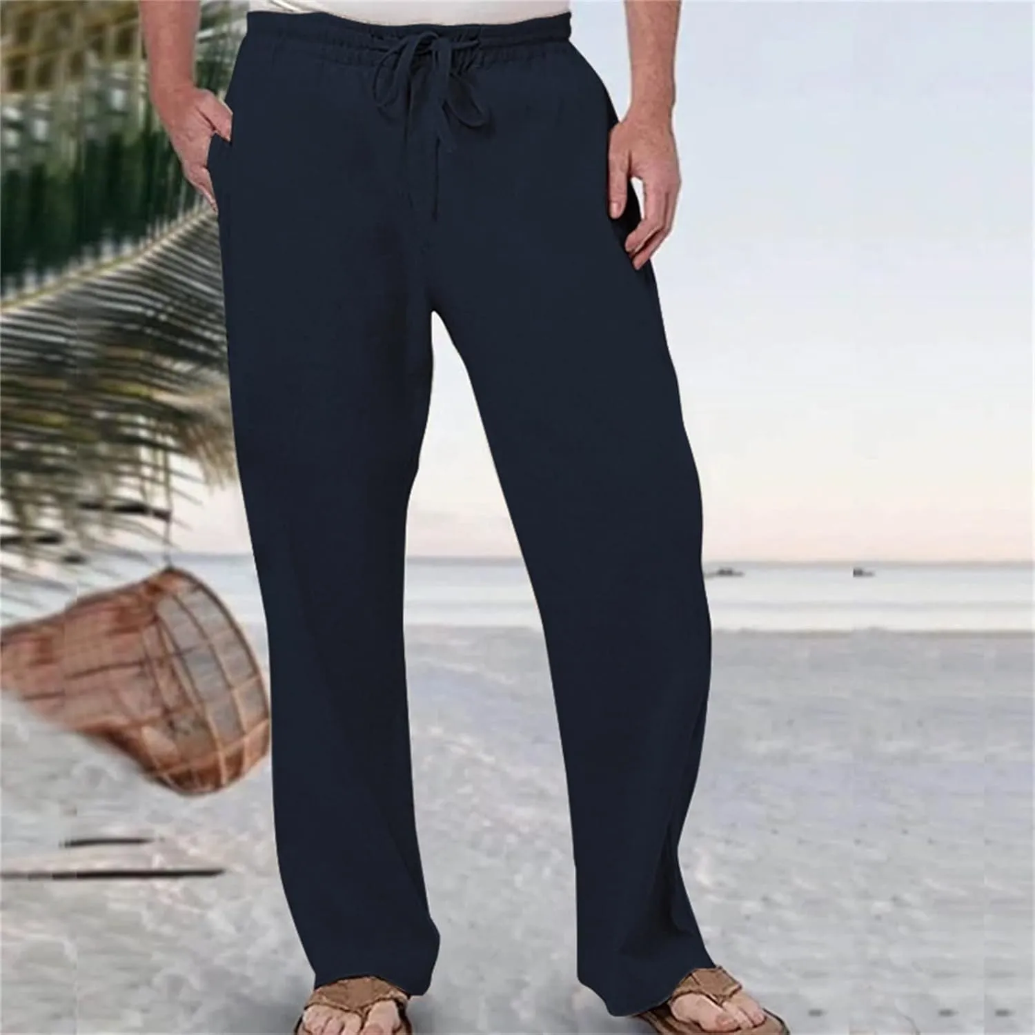 Mens Fashion Casual Solid Color Cotton and Linen Pants Elastic Waist Drawstring Pants Trousers with Pockets