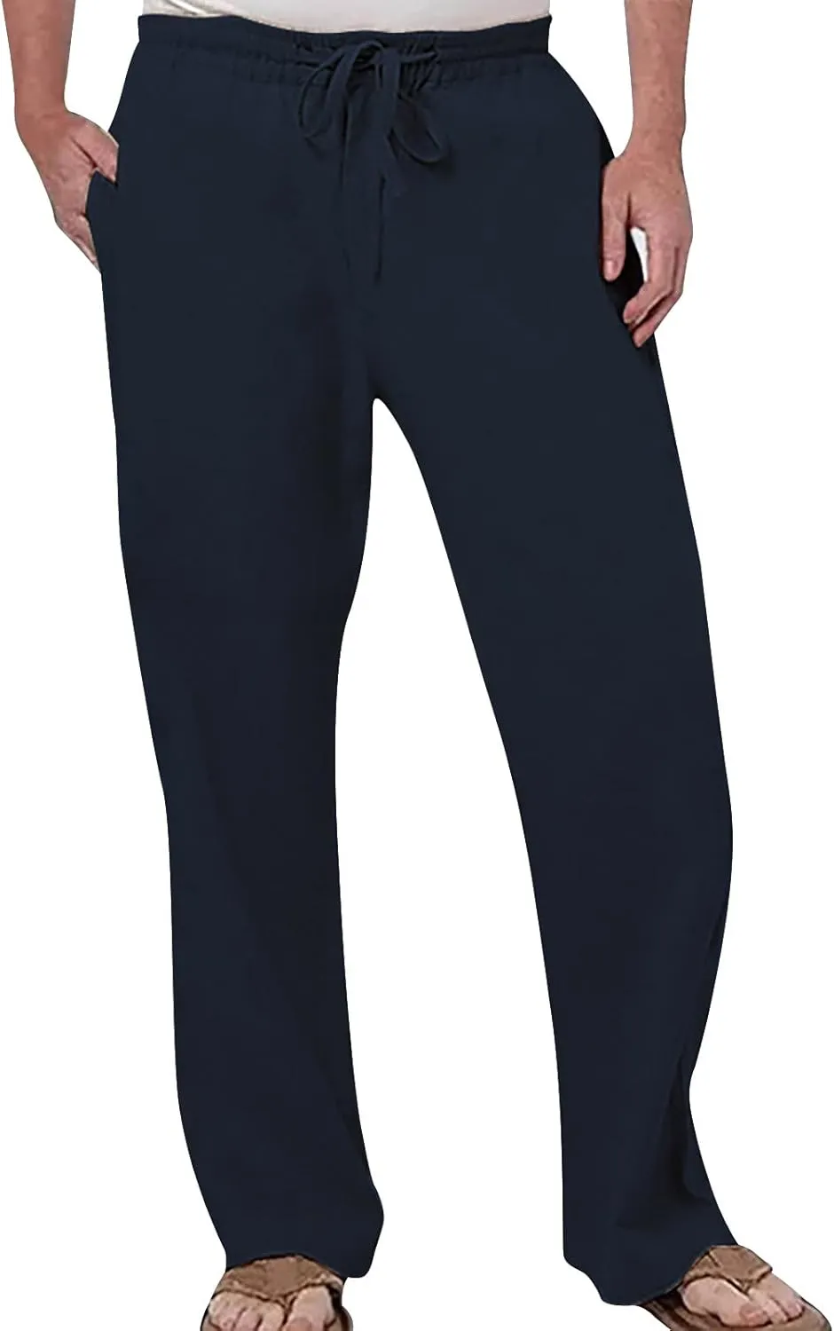 Mens Fashion Casual Solid Color Cotton and Linen Pants Elastic Waist Drawstring Pants Trousers with Pockets
