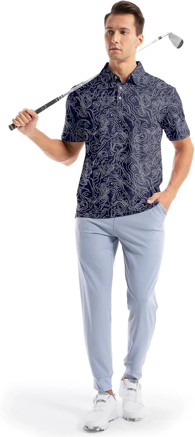 Mens Golf Shirt Short Sleeve Dry Fit Print Moisture Wicking Performance Collared Funny Golf Polo Shirts for Men