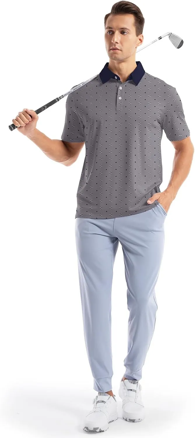 Mens Golf Shirt Short Sleeve Dry Fit Print Moisture Wicking Performance Collared Funny Golf Polo Shirts for Men