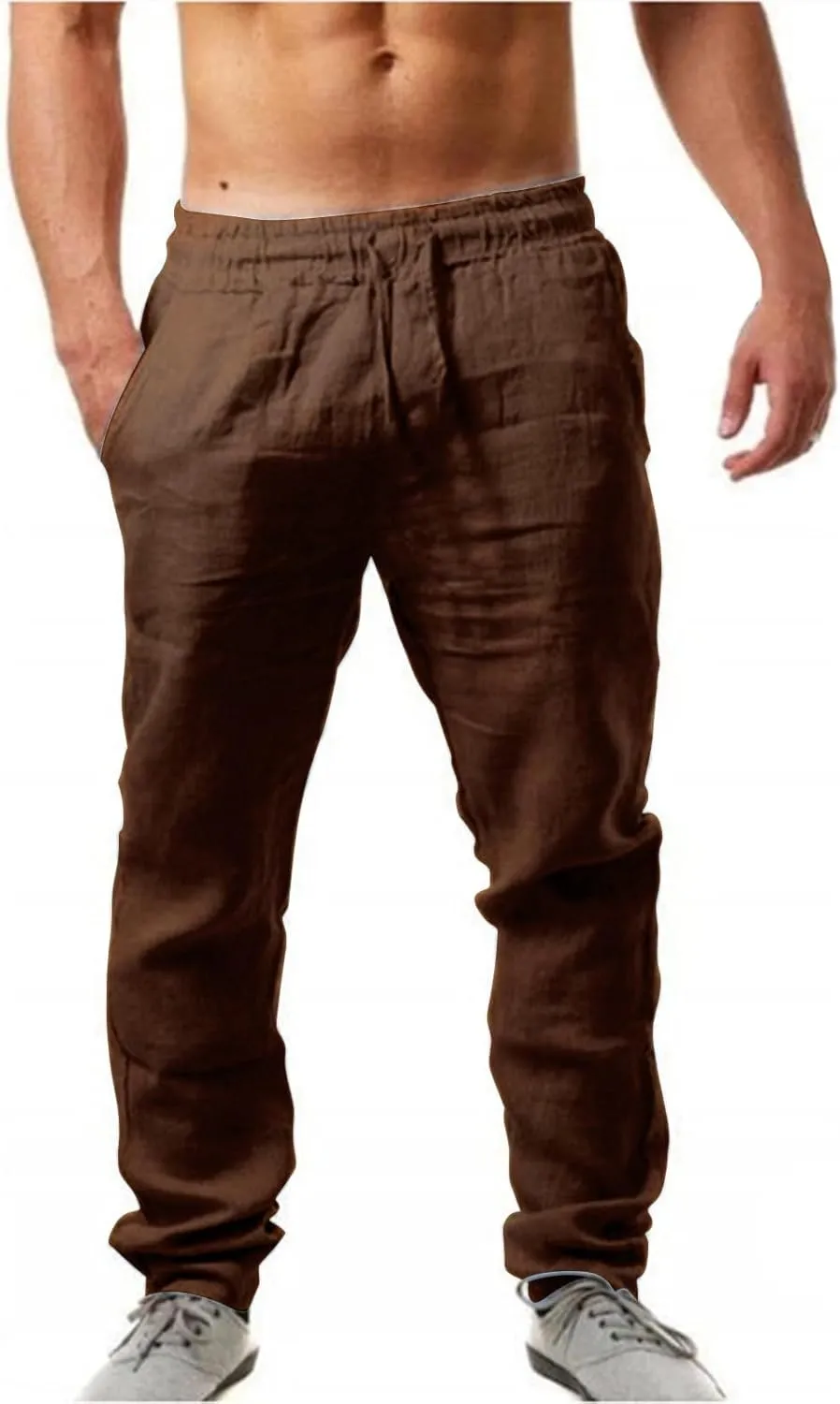 Mens Linen Pants Elastic Wasist Drawstring Lightweight Loose Trousers Summer Casual Pants with Pockets