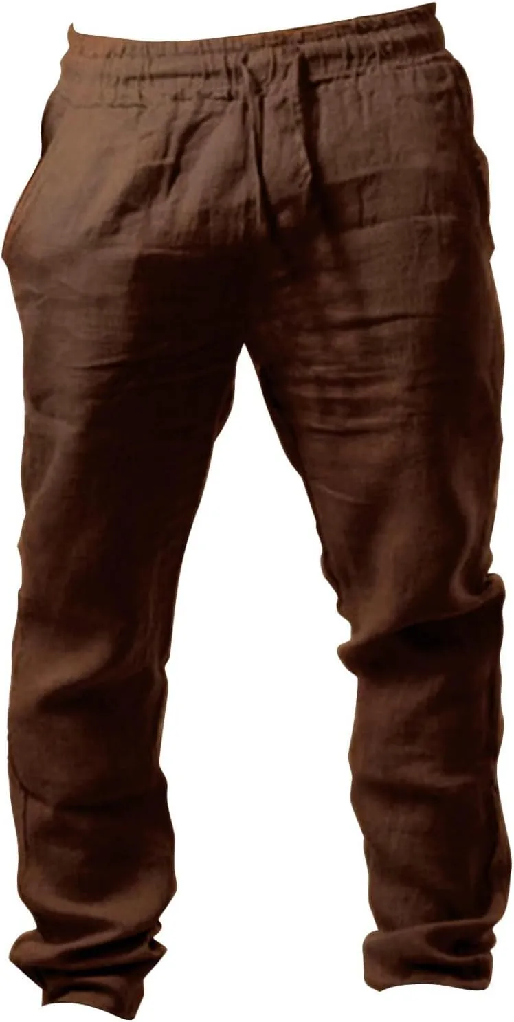 Mens Linen Pants Elastic Wasist Drawstring Lightweight Loose Trousers Summer Casual Pants with Pockets