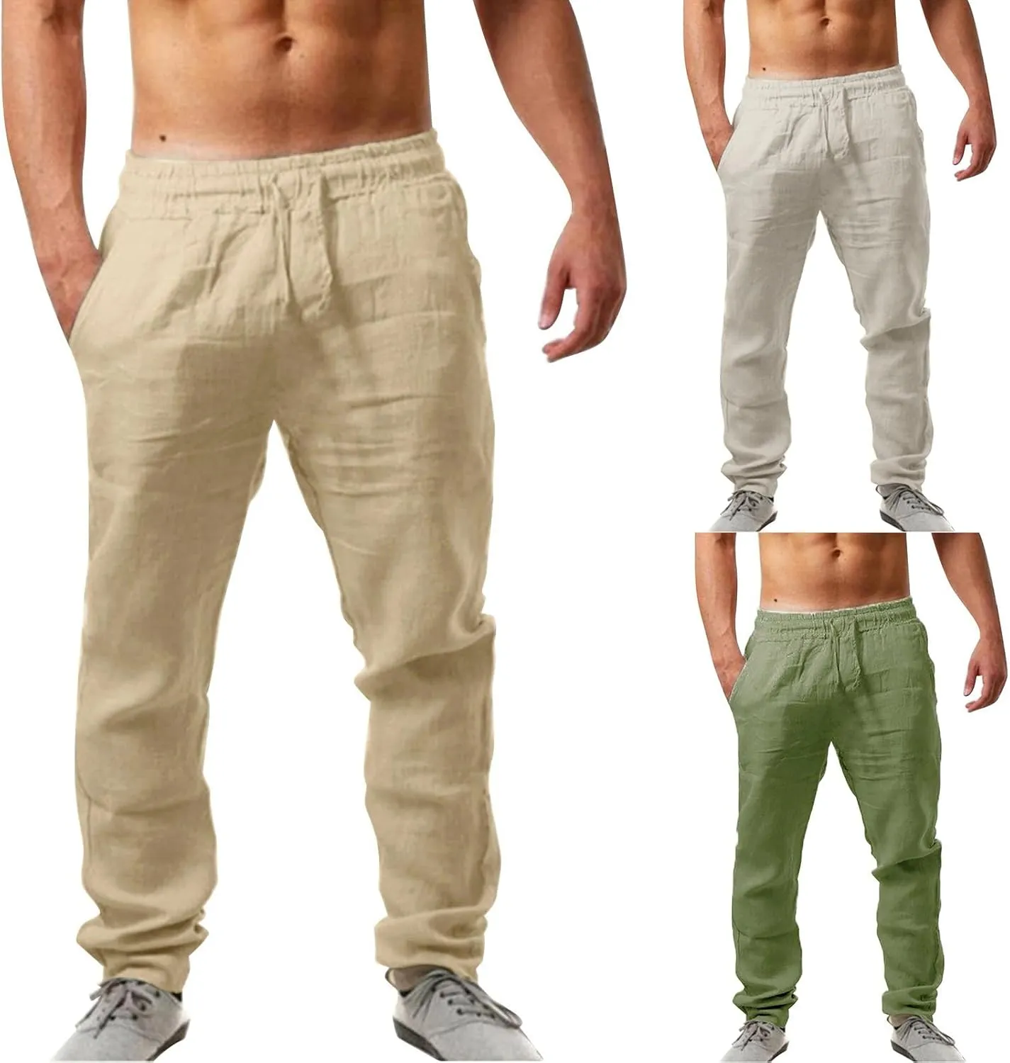 Mens Linen Pants Elastic Wasist Drawstring Lightweight Loose Trousers Summer Casual Pants with Pockets