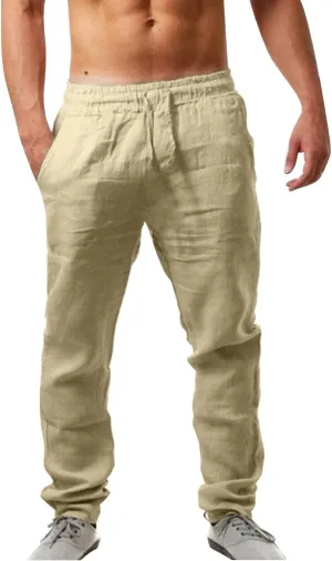 Mens Linen Pants Elastic Wasist Drawstring Lightweight Loose Trousers Summer Casual Pants with Pockets