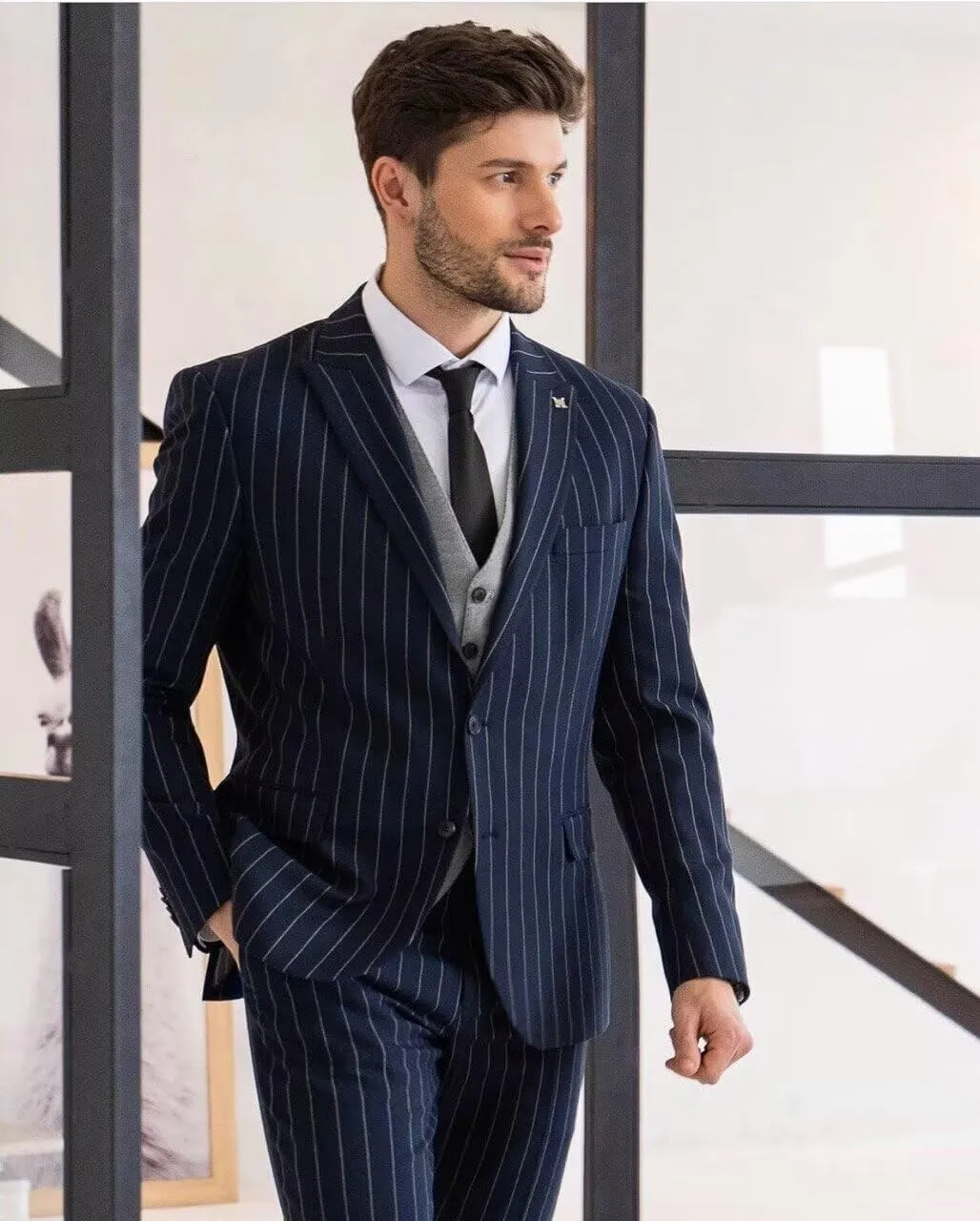 Mens Striped Suit 2 Piece Formal Slim Fit Blazer Sport Coat 2 Button Jacket Pinstripe Suit Blazer Pants Suits