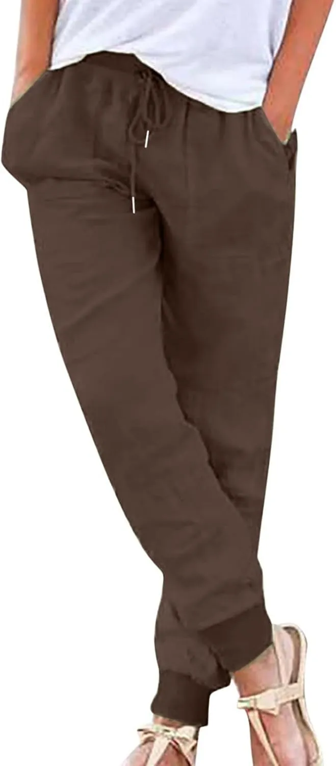 Miyaomn Women's Tapered Pants Cotton Linen Joggers Drawstring Elastic Waist Lounge Petite Pants Casual Trousers with Pockets