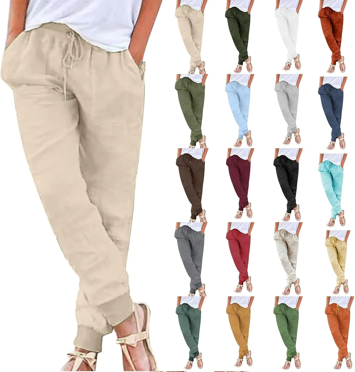 Miyaomn Women's Tapered Pants Cotton Linen Joggers Drawstring Elastic Waist Lounge Petite Pants Casual Trousers with Pockets