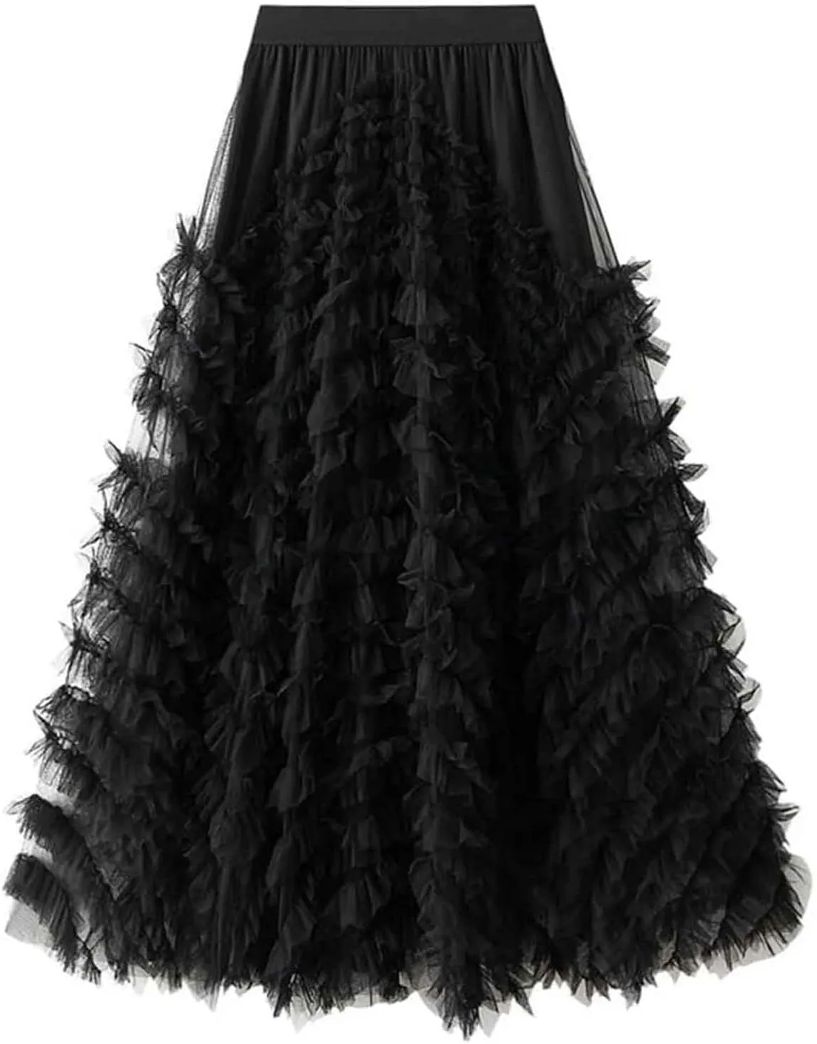 Mujer Mesh Tulle Skirts for Women High Waisted A Line Fluffy Ruffle Midi Skirt Trendy Pleated Tutu Petticoat Skirt for Party Falda de tul