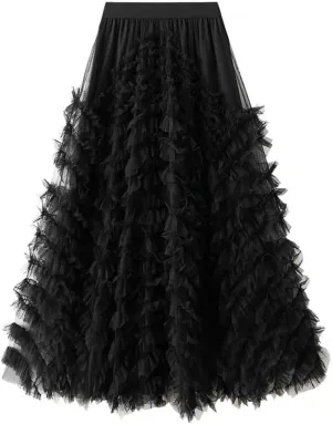 Mujer Mesh Tulle Skirts for Women High Waisted A Line Fluffy Ruffle Midi Skirt Trendy Pleated Tutu Petticoat Skirt for Party Falda de tul