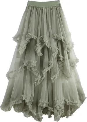 Mujer Pleated Tulle Skirt for Women Irregular Mesh High Waist Midi Skirt Casual Cocktail Party Beach Layered Skirts Falda de tul