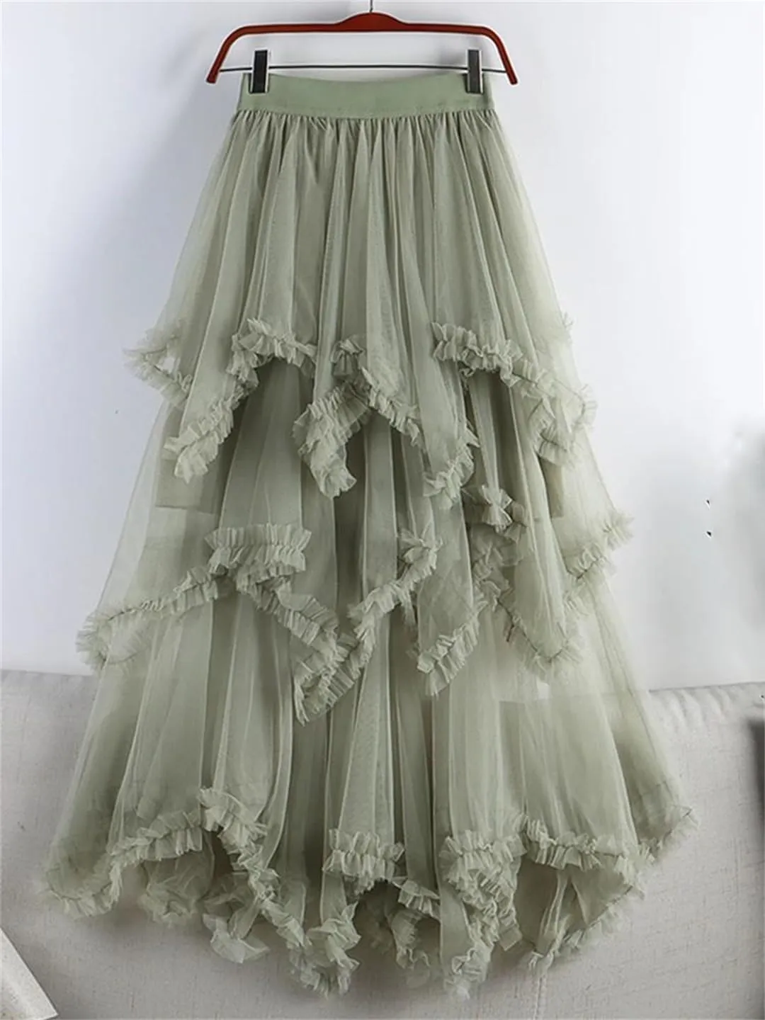Mujer Pleated Tulle Skirt for Women Irregular Mesh High Waist Midi Skirt Casual Cocktail Party Beach Layered Skirts Falda de tul
