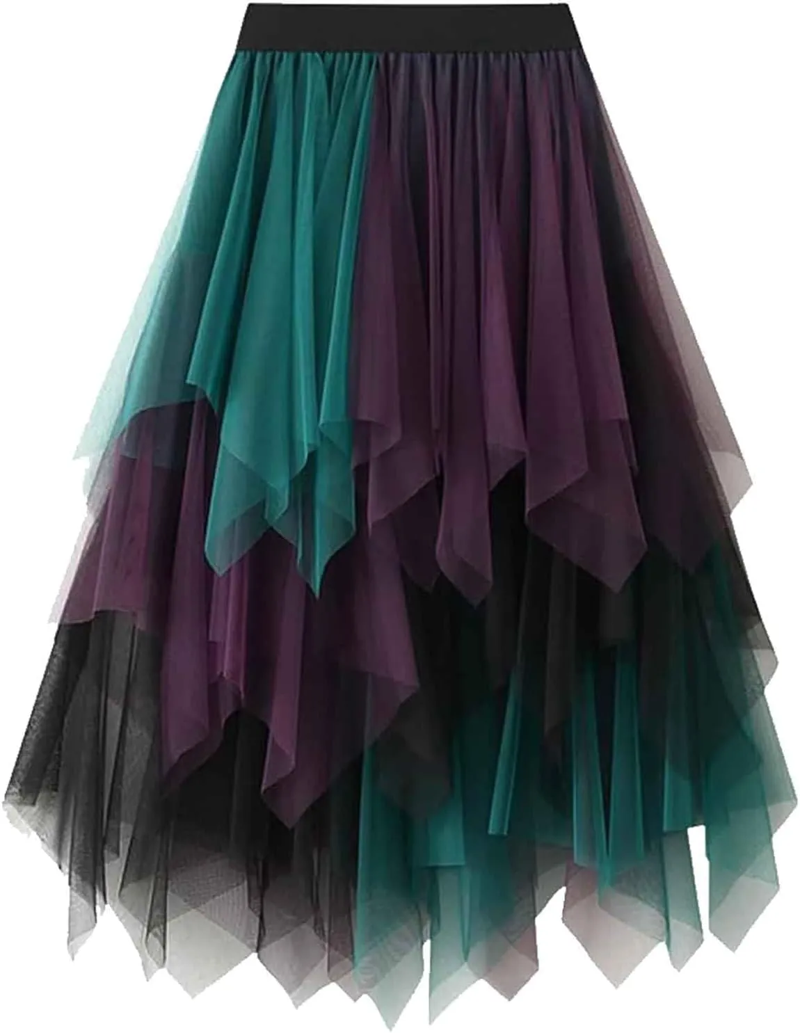 Mujer Tulle Skirts for Women Asymmetrical Pleated Layered Midi Length Skirt Fairy A-line Mesh Tutu Skirt High Elastic Waisted Halloween Skirts Falda de tul