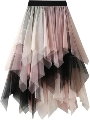 Mujer Tulle Skirts for Women Asymmetrical Pleated Layered Midi Length Skirt Fairy A-line Mesh Tutu Skirt High Elastic Waisted Halloween Skirts Falda de tul