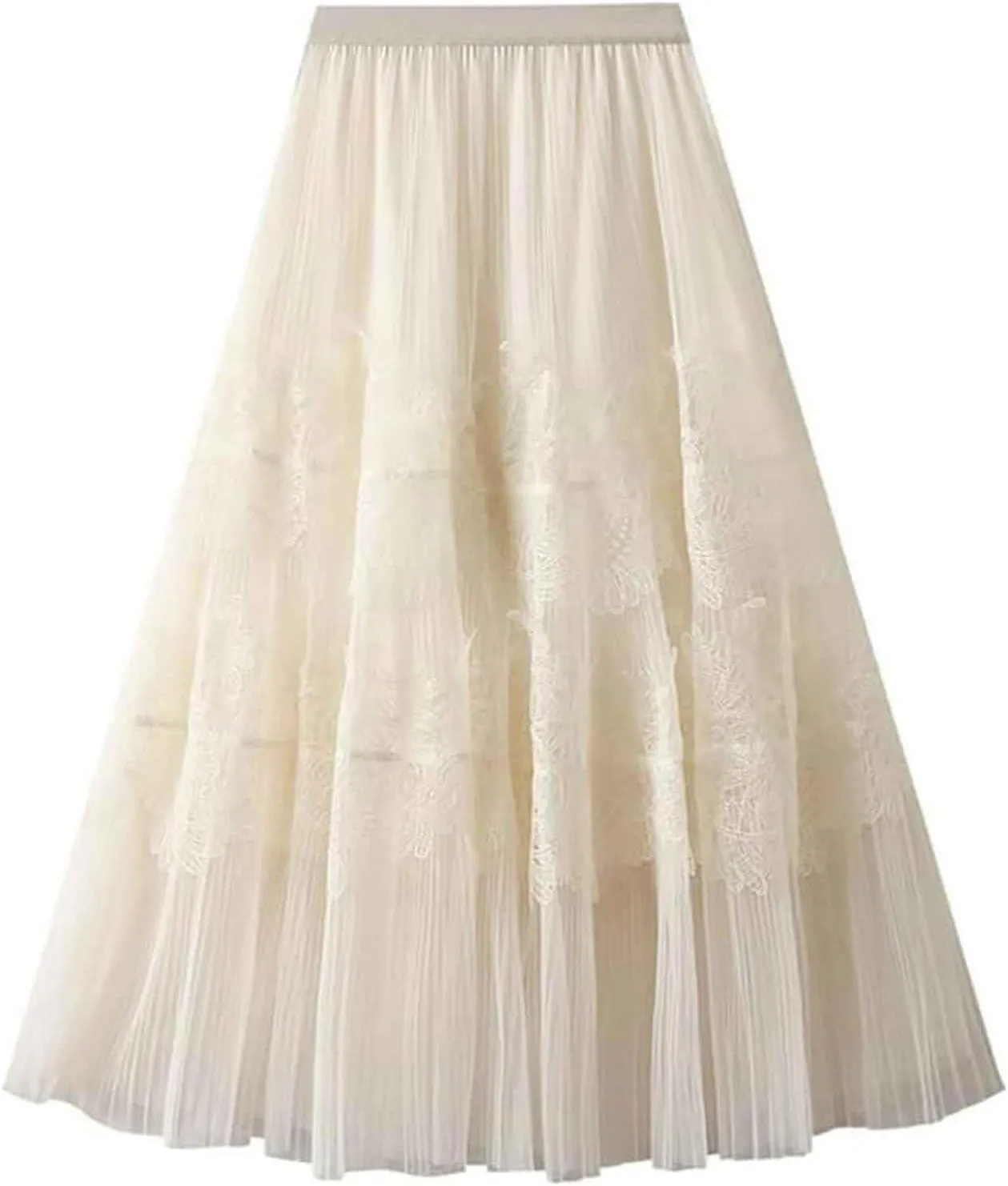 Mujer Tutu Tulle Skirts for Women Fairy Elastic High Waist Embroidered Lace Midi Skirt A Line Tiered Mesh Pleated Long Length Skirt Falda de tul