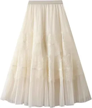 Mujer Tutu Tulle Skirts for Women Fairy Elastic High Waist Embroidered Lace Midi Skirt A Line Tiered Mesh Pleated Long Length Skirt Falda de tul