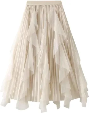 Mujer Women's Ruffle Tulle Skirt Fairy Elastic High Waist Tutu Midi Skirt Elegant A-Line Swing Pleated Skirt Falda de tul