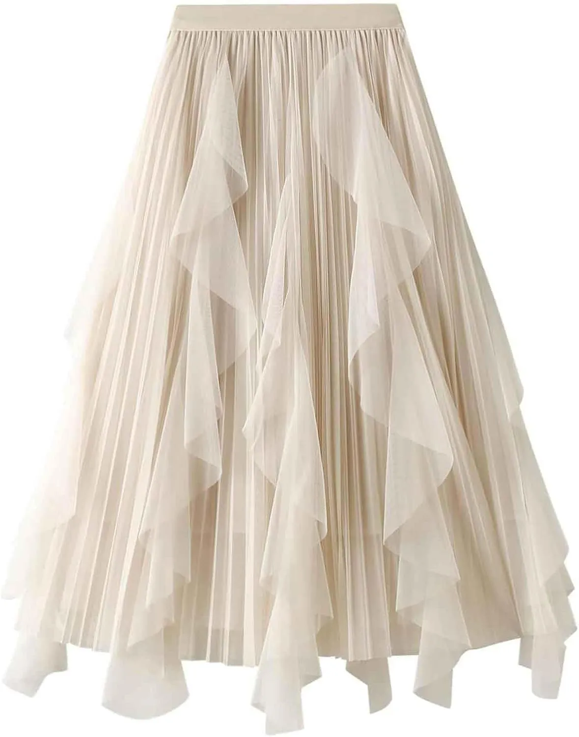 Mujer Women's Ruffle Tulle Skirt Fairy Elastic High Waist Tutu Midi Skirt Elegant A-Line Swing Pleated Skirt Falda de tul