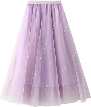 Mujer Womens Sparkly Tulle Skirt Trendy High Waisted Pleated Midi Skirt Fairy A-Line Shiny Mesh Layered Swing Skirt Falda de tul