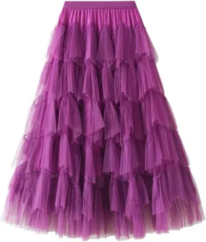 Mujer Women's Tulle Tutu Skirts Fairy Fluffy Ruffle Layered Midi Skirt High Waisted A Line Pleated Skirt Petticoat Falda de tul