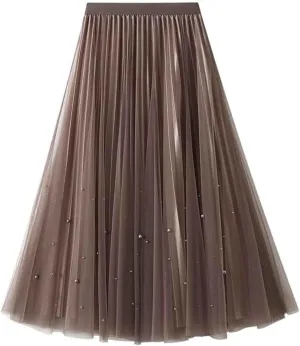 Mujer Womens Tutu Tulle Skirt Elegant Flowy Midi Pleated Skirt Fairy A-Line Elastic High Waist Beaded Mesh Long Swing Skirt Falda de tul