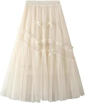 Mujer Women's Tutu Tulle Skirt Fairy Bow Patchwork Pleated Midi Skirt A Line High Waist Layered Mesh Skirt Falda de tul