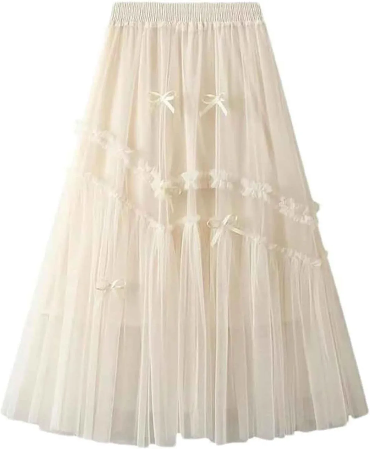Mujer Women's Tutu Tulle Skirt Fairy Bow Patchwork Pleated Midi Skirt A Line High Waist Layered Mesh Skirt Falda de tul