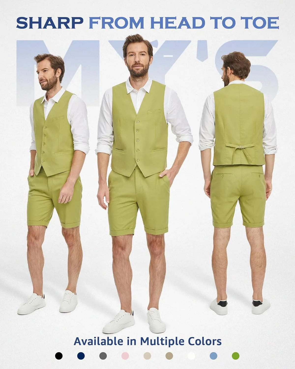 MY'S Mens 2-Piece Linen Vest Pants, Lightweight Waistcoat Shorts, Casual Beach Summer Wedding Prom Homecoming Outfit