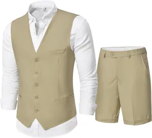 MY'S Mens 2-Piece Linen Vest Pants, Lightweight Waistcoat Shorts, Casual Beach Summer Wedding Prom Homecoming Outfit