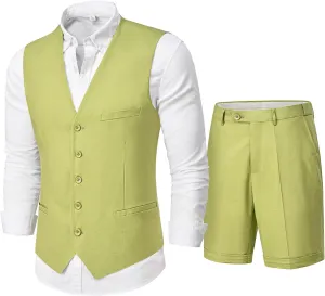 MY'S Mens 2-Piece Linen Vest Pants, Lightweight Waistcoat Shorts, Casual Beach Summer Wedding Prom Homecoming Outfit