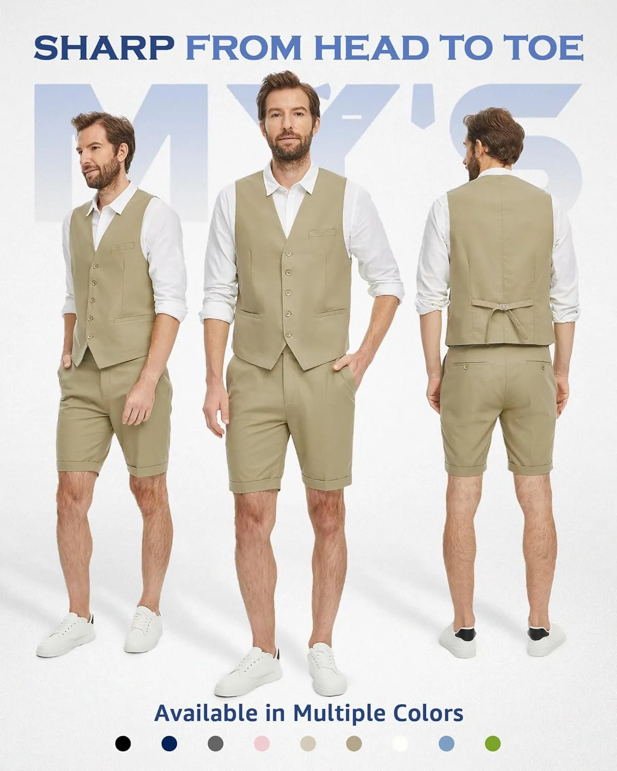 MY'S Mens 2-Piece Linen Vest Pants, Lightweight Waistcoat Shorts, Casual Beach Summer Wedding Prom Homecoming Outfit