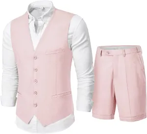MY'S Mens 2-Piece Linen Vest Pants, Lightweight Waistcoat Shorts, Casual Beach Summer Wedding Prom Homecoming Outfit
