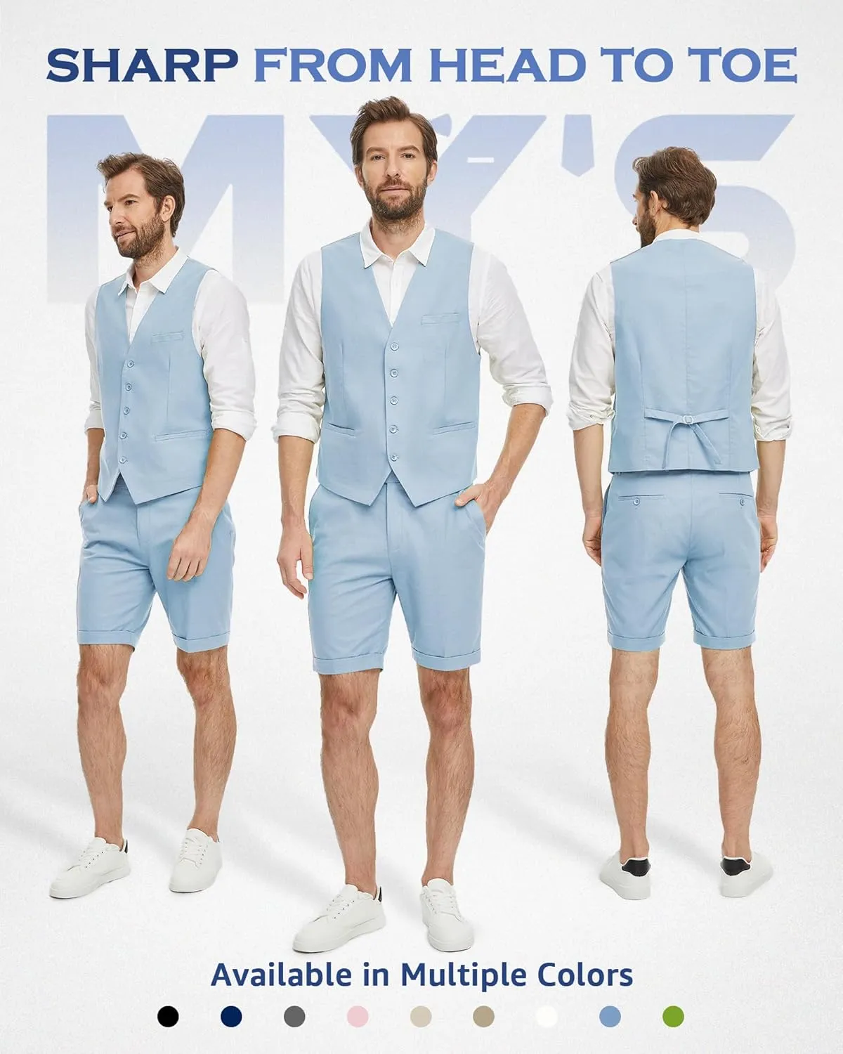 MY'S Mens 2-Piece Linen Vest Pants, Lightweight Waistcoat Shorts, Casual Beach Summer Wedding Prom Homecoming Outfit