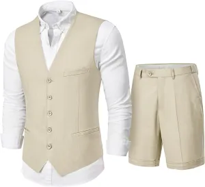 MY'S Mens 2-Piece Linen Vest Pants, Lightweight Waistcoat Shorts, Casual Beach Summer Wedding Prom Homecoming Outfit