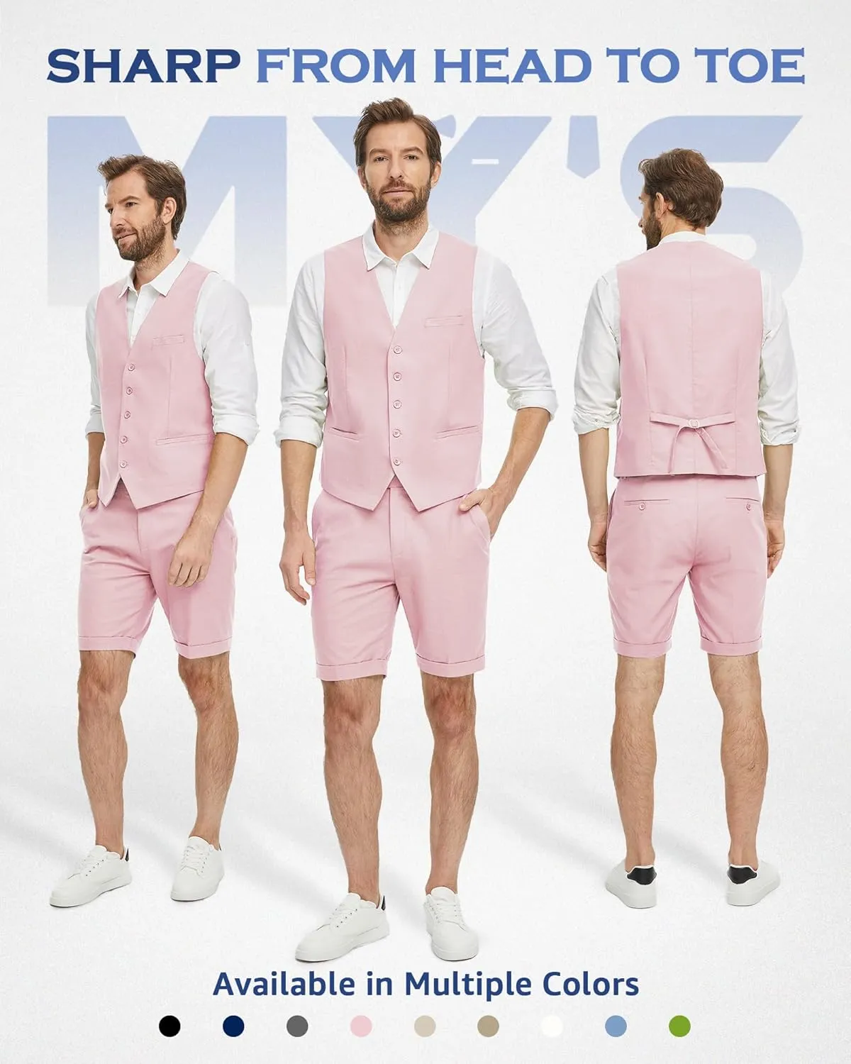 MY'S Mens 2-Piece Linen Vest Pants, Lightweight Waistcoat Shorts, Casual Beach Summer Wedding Prom Homecoming Outfit