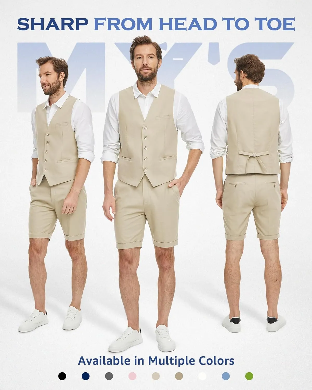 MY'S Mens 2-Piece Linen Vest Pants, Lightweight Waistcoat Shorts, Casual Beach Summer Wedding Prom Homecoming Outfit