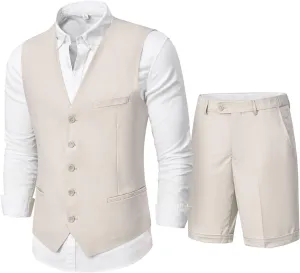 MY'S Mens 2-Piece Linen Vest Pants, Lightweight Waistcoat Shorts, Casual Beach Summer Wedding Prom Homecoming Outfit