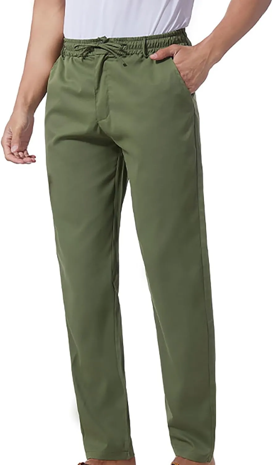 NATHGAM Straight Leg Pants for Men Elastic Waist Drawstring Trousers Lightweight Comfy Slim Fit Work Office Pants with Pocket