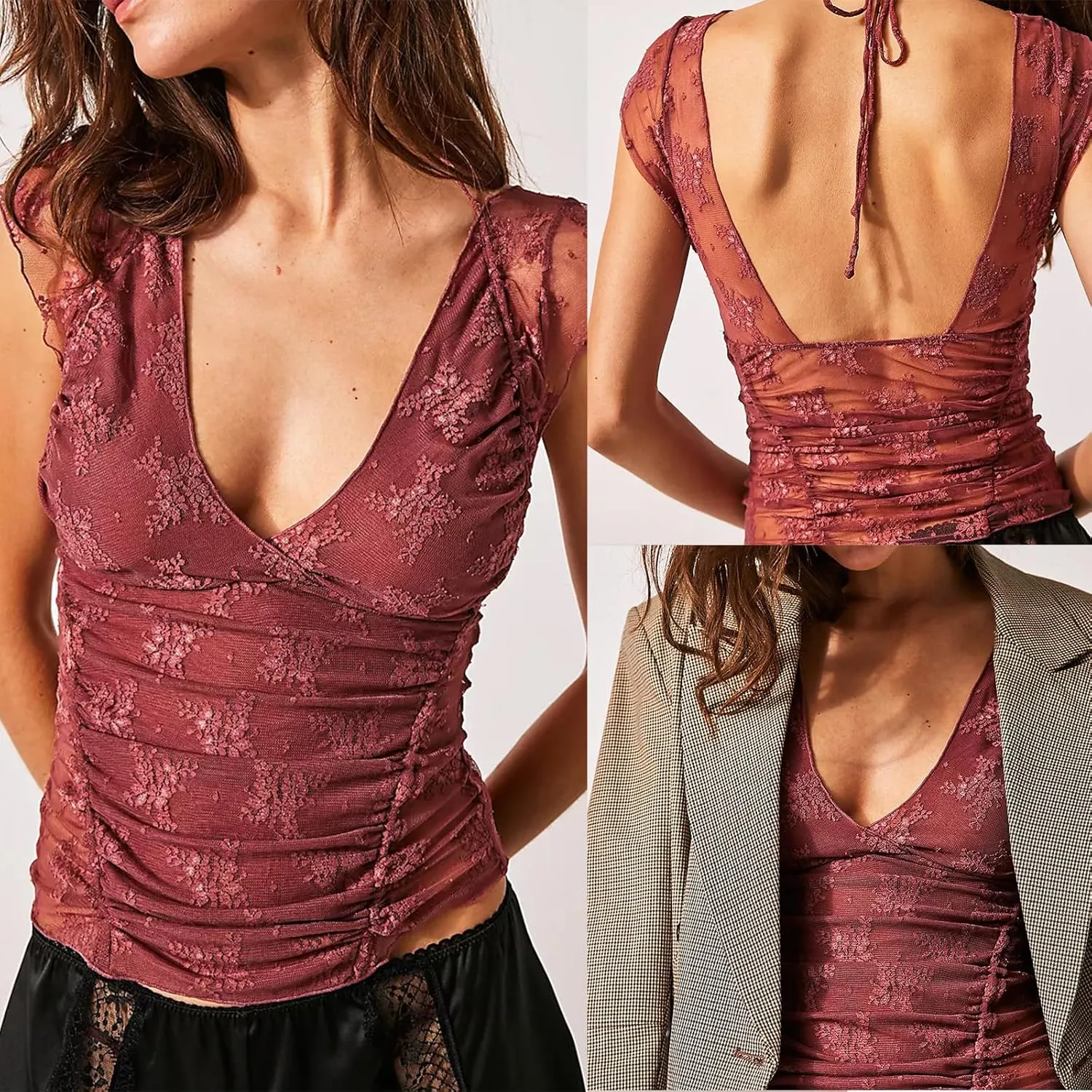 NUFIWI Women Y2k Lace Cami Tank Top Floral Mesh Spaghetti Strap Lace Trim Camisole Sexy Backless Sleeveless Crop Tops