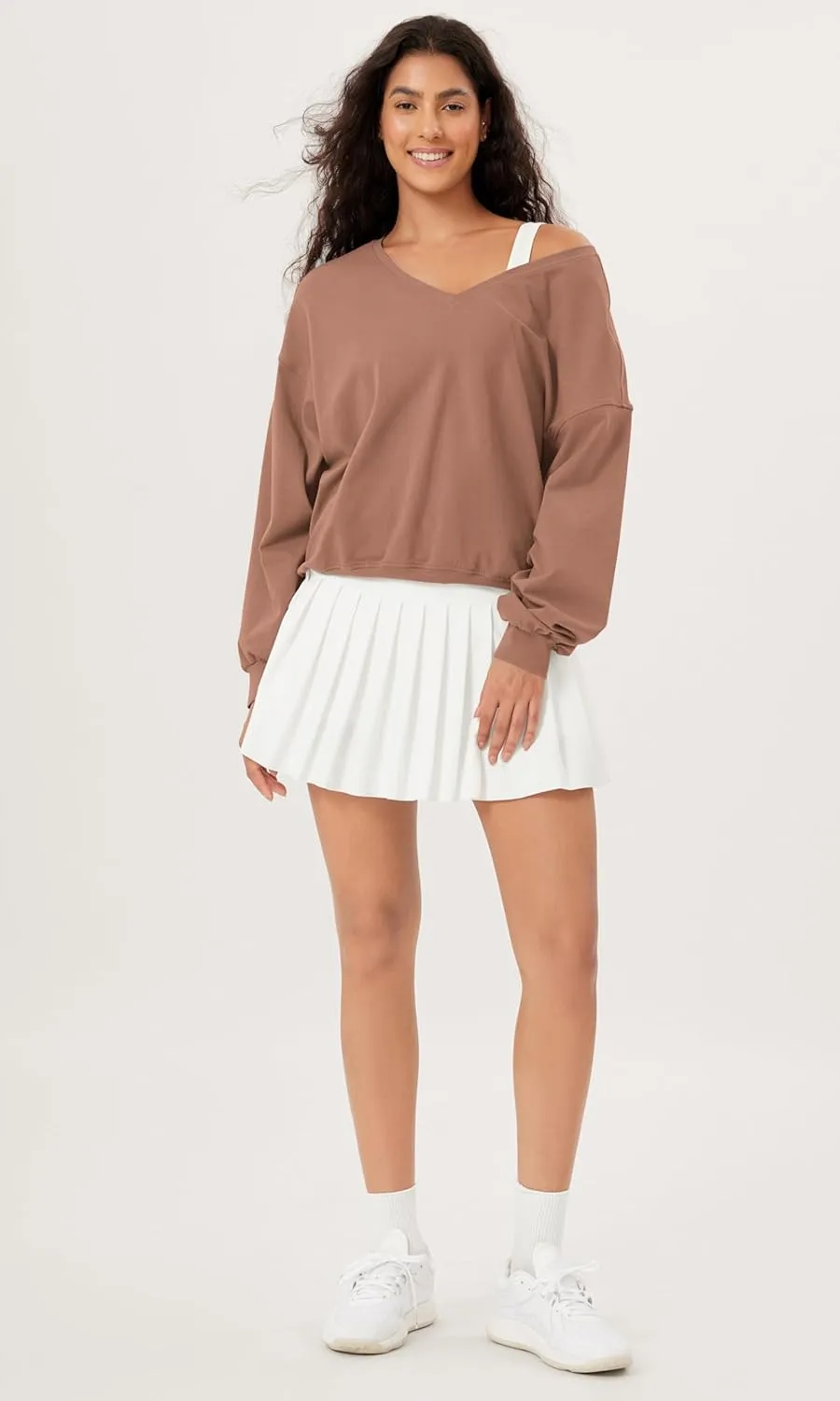 ODODOS Women's Purevibe Cotton Double V Pullover Long Sleeve Shirts Fall Outfits Oversized Tops