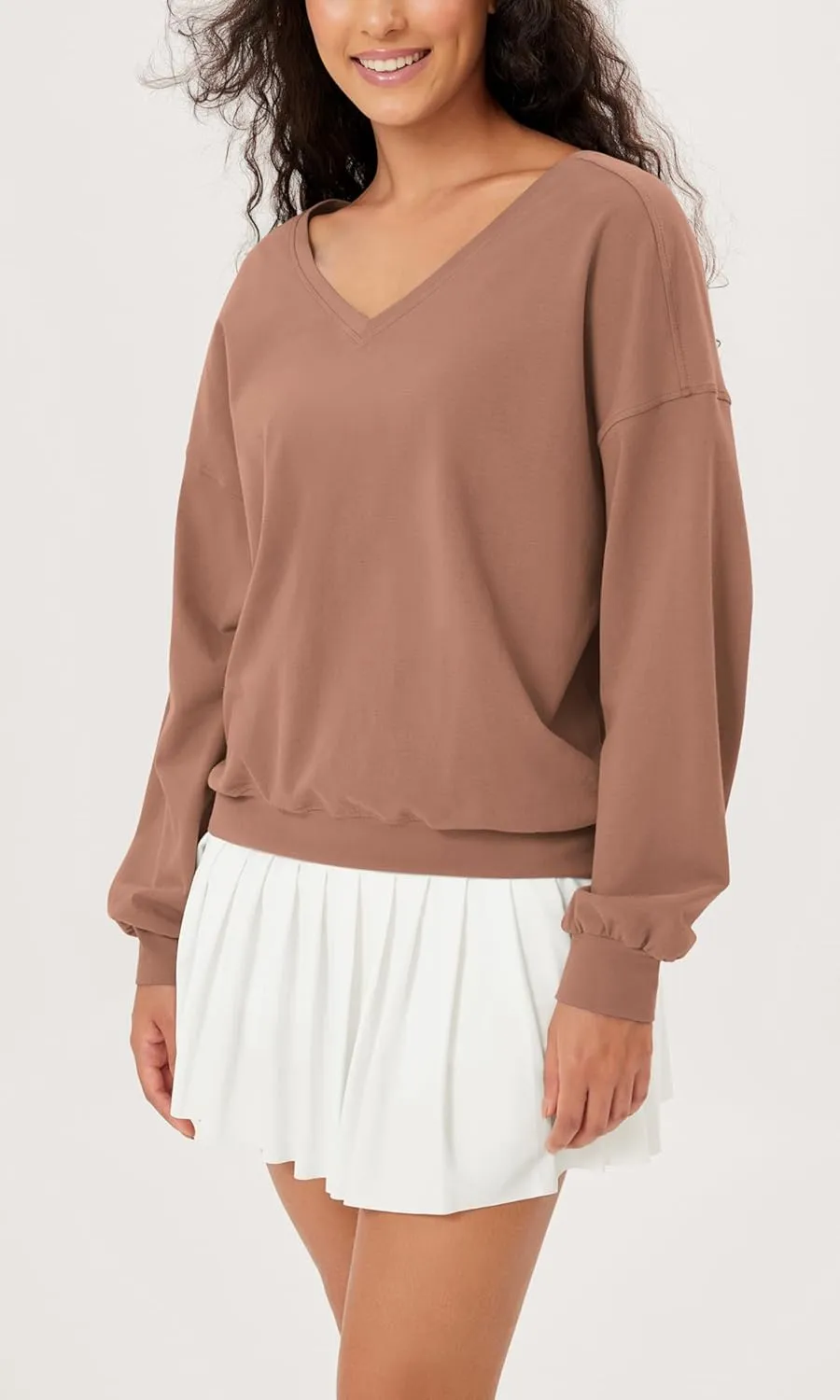 ODODOS Women's Purevibe Cotton Double V Pullover Long Sleeve Shirts Fall Outfits Oversized Tops