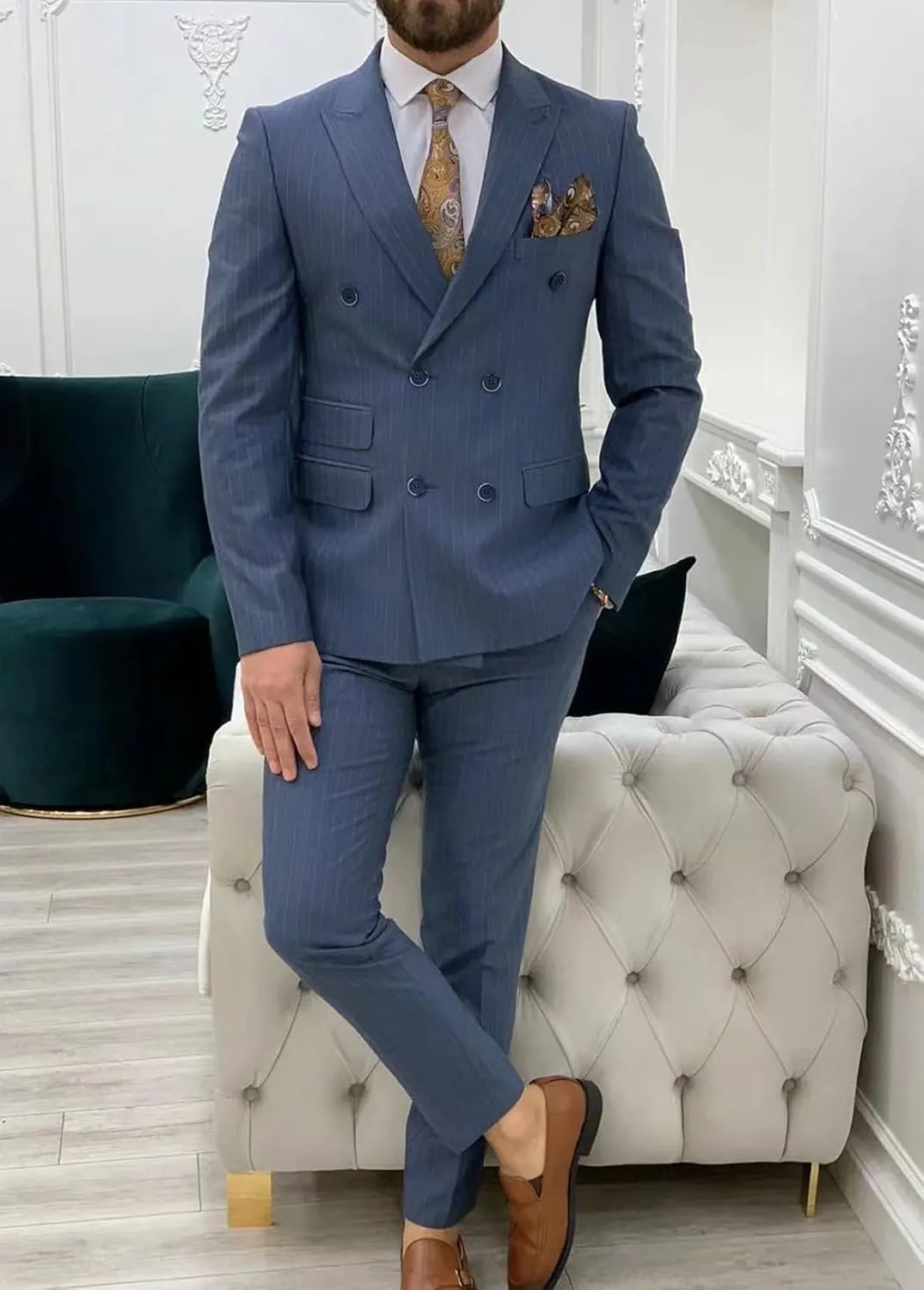 ORBITRAY Men's Slim Fit Double Breasted Pinstripe Casual Suit 2025 Business Wedding Men Suits Six Buttons