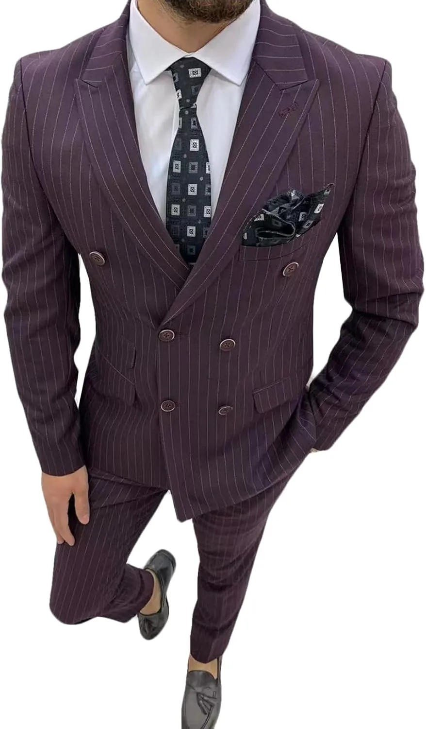 ORBITRAY Men's Slim Fit Double Breasted Pinstripe Casual Suit 2025 Business Wedding Men Suits Six Buttons